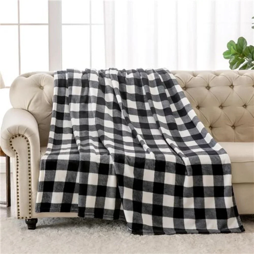 Plaid Fleece Throw Blanket for Couch, Black & White Checkered Flannel Blanket